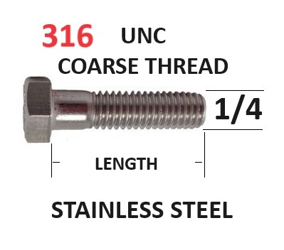 1/4 UNC Hex Head Bolts Stainless Steel Marine Grade 316 A4-70 All Lengths